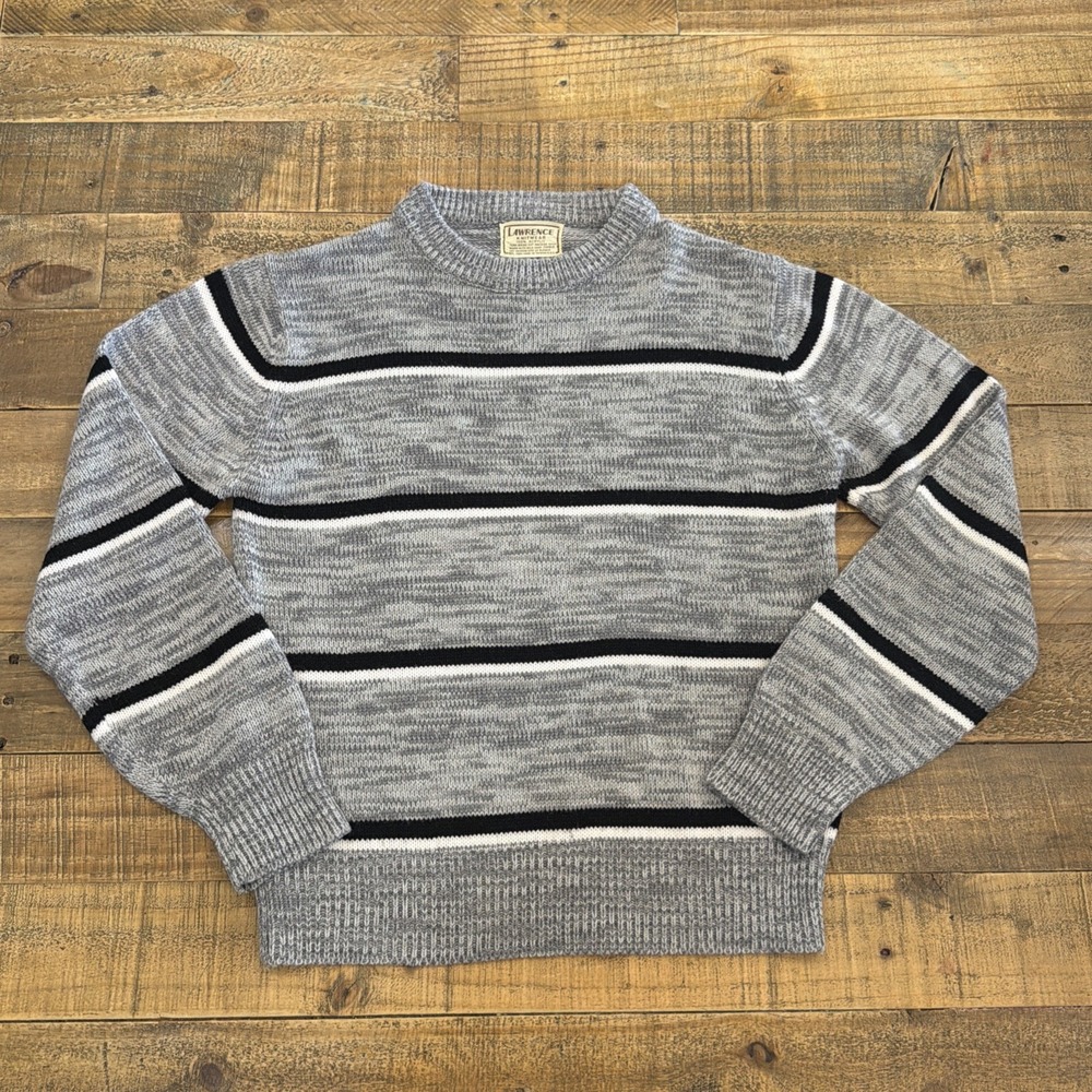 VTG Lawrence Knitwear Mens S 100% Acrylic Sweater Gray, Black, White Stripes
